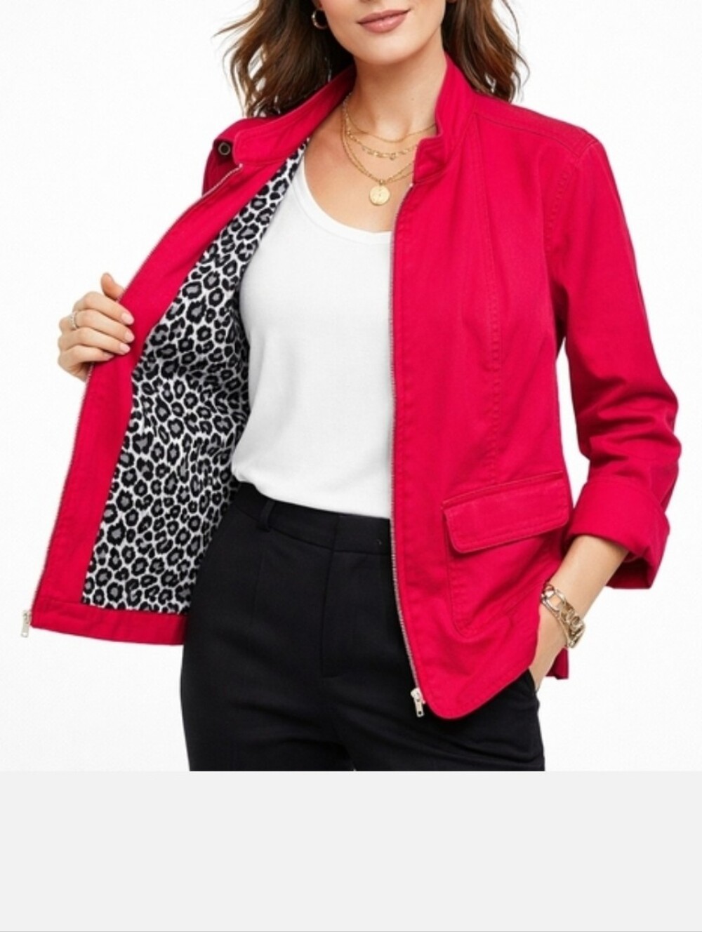 Susan Graver Pink Denim Zip Up Jacket Animal Print Lining Pockets Cuffed Wms Med